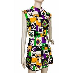 Vintage 60s MOD Tribal Geometric Print Colorful Tiered Shift Mini Dress Size S/M